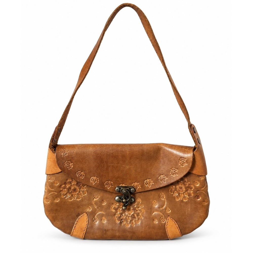 Sabina New York Vintage Tan Embossed Leather Floral Shoulder Bag Boho Western